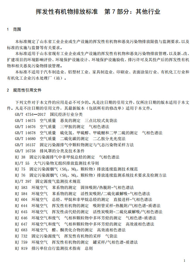 山東省揮發(fā)性有機廢氣排放標(biāo)準(zhǔn)